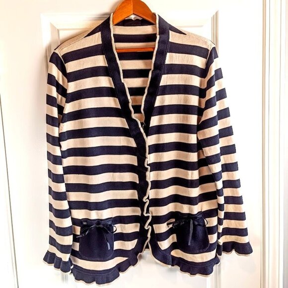 Basler Ruffle Trim Stripe Cotton Cardigan - Picture 1 of 7
